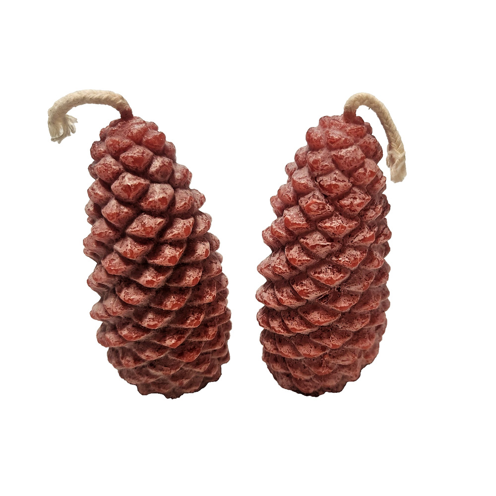 Pair of Red Pine-Cones Pure Beeswax (bees wax) Candles 3.5" -Unscented